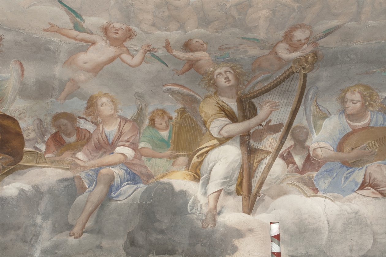 Engle, musiker-engle og puttos, detalje af Paradiset med den evige Fader, ca. 1623-34 (detalje af 3496185) af Isidoro Bianchi