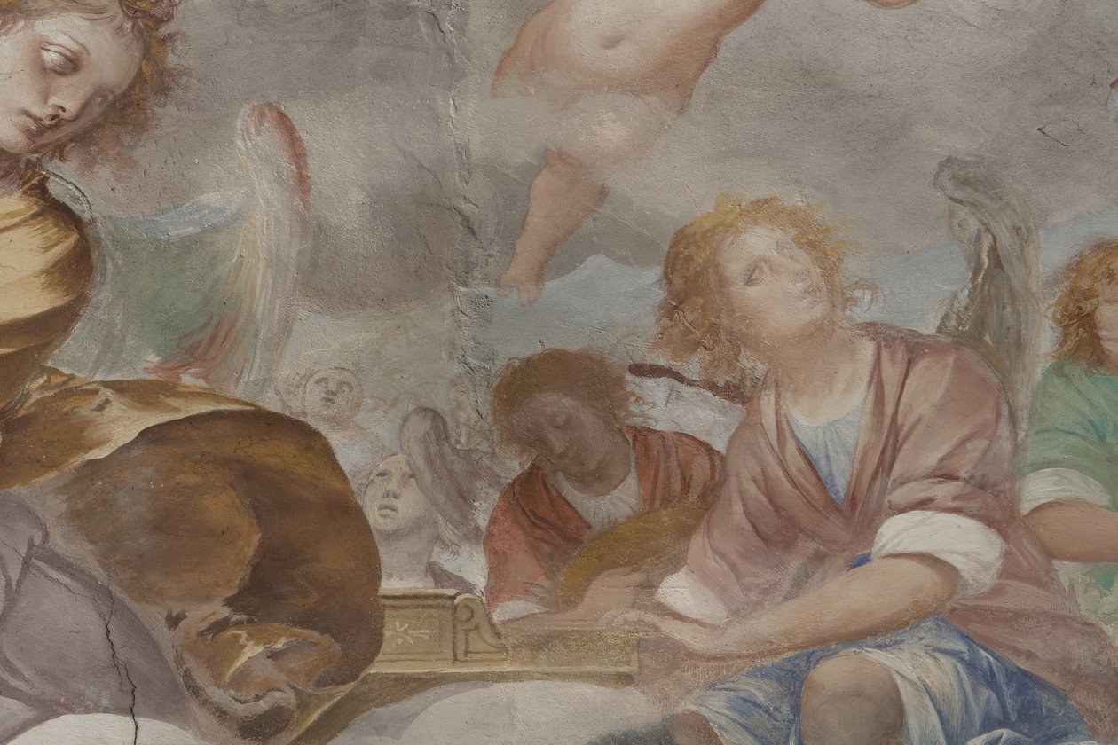 Engle, musiker-engle og puttos, detalje af Paradiset med den evige Fader, ca. 1623-34 (detalje af 3496185) af Isidoro Bianchi