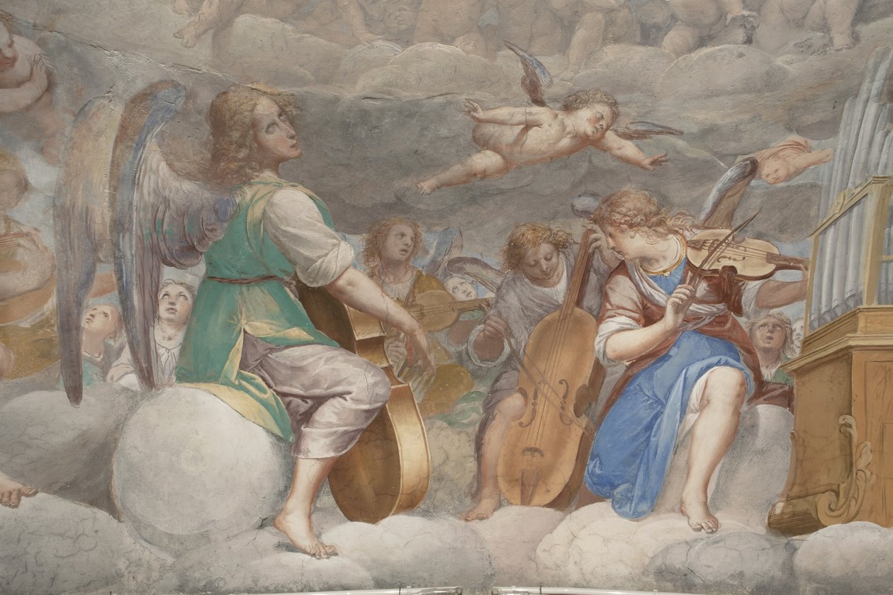 Engle, musiker-engle og puttos, detalje af Paradiset med den evige Fader, ca. 1623-34 (detalje af 3496185) af Isidoro Bianchi