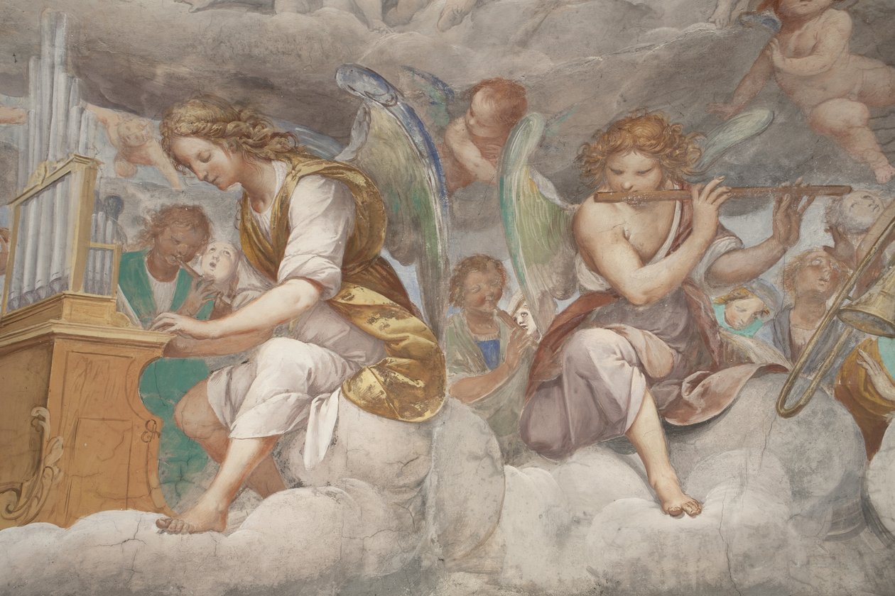 Engle, musiker-engle og puttos, detalje af Paradiset med den evige Fader, ca. 1623-34 (detalje af 3496185) af Isidoro Bianchi