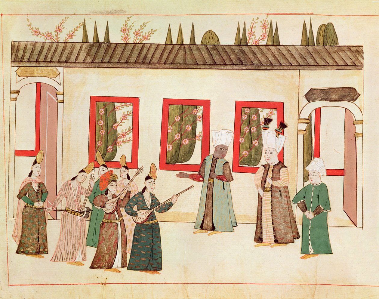 Ms 1671 The Sultan med sin favorit akkompagneret af musikere og sangere, ca. 1580 af Islamic School