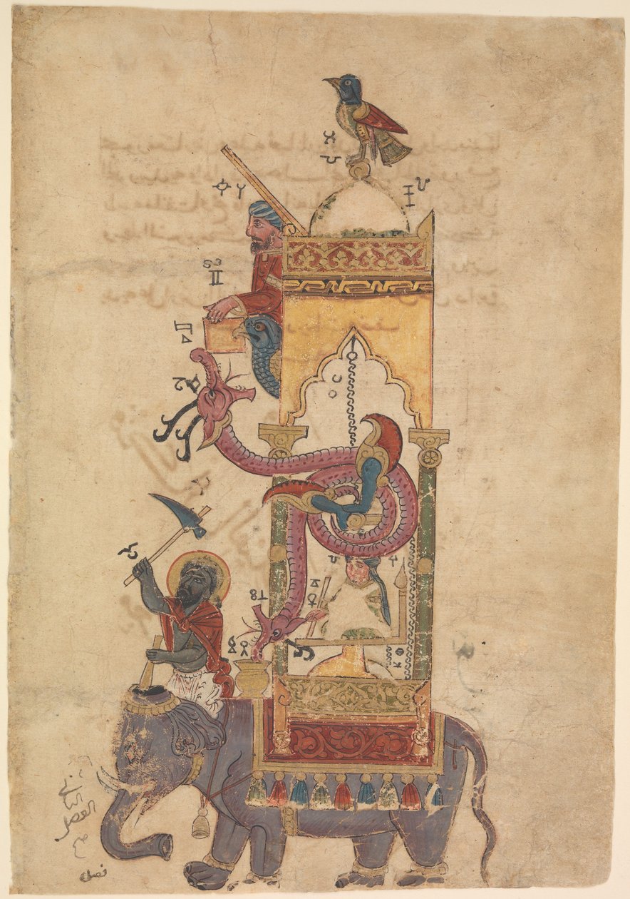 Elefanturet fra en bog om viden om geniale mekaniske anordninger af al-Jazari, 1315 (blæk, uigennemsigtig akvarel og guld på papir) af Islamic School