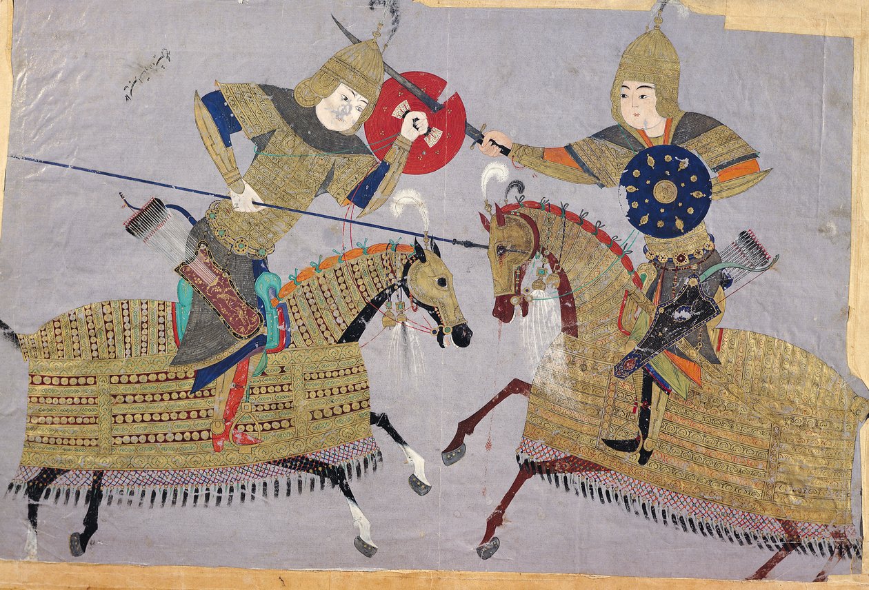 To krigere til hest i kamp, School of Tabriz, ca. 1480 af Islamic School