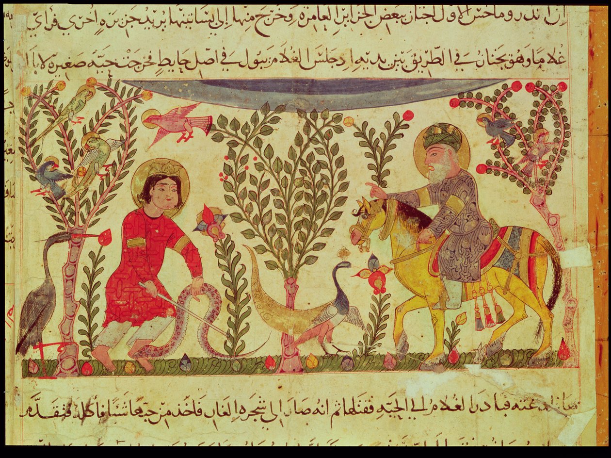 En læge, der hjælper en mand, der er bidt af en slange, manuskript fra en afhandling af Dioscoride, 1200-tallet af Islamic School
