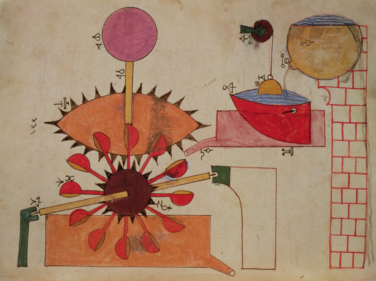 Diagram over et system til at pumpe vand ind i et bassin, fra Book of Knowledge of Genious Mechanical Devices af Al-Jazari, 1206 af Islamic School