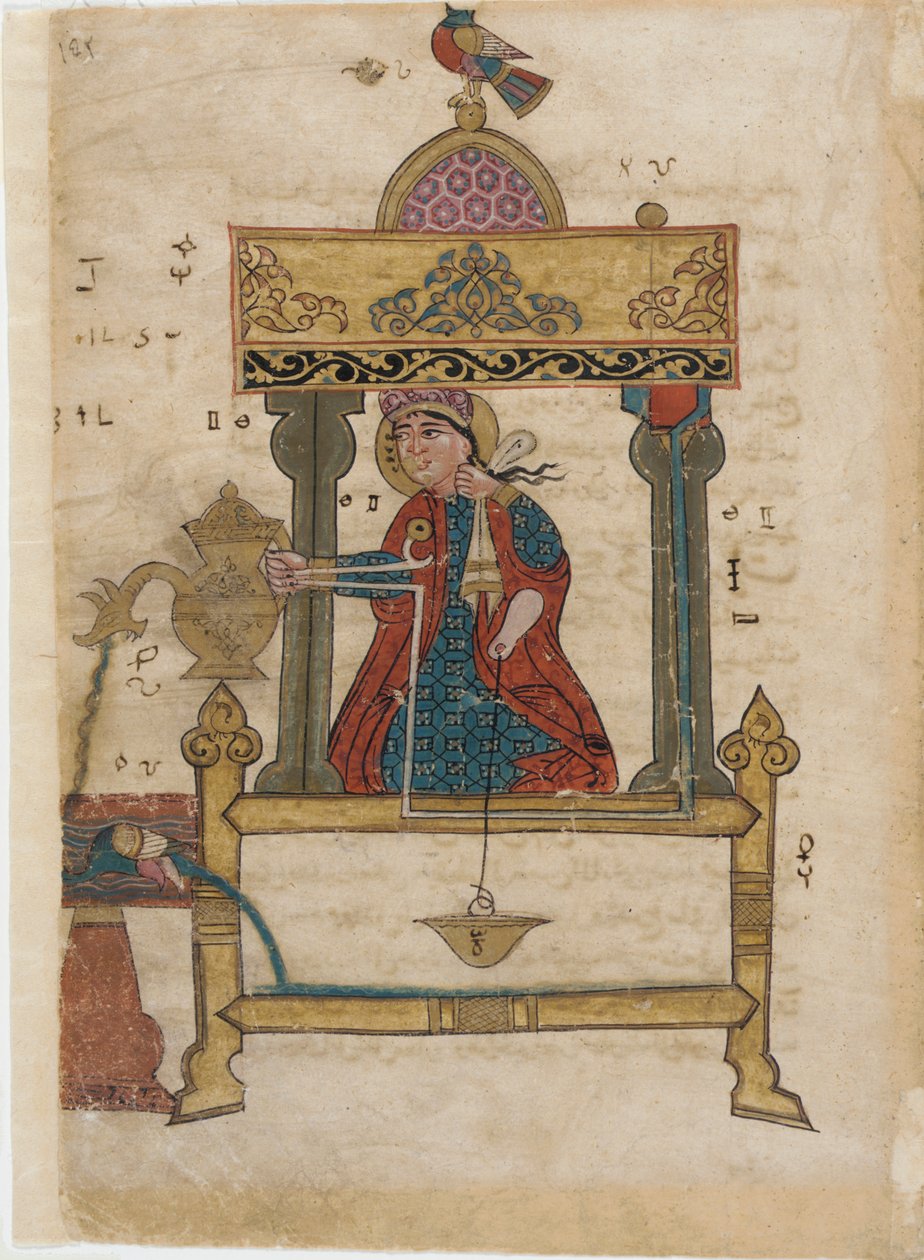 Håndvaskeautomat med skyllemekanisme, folio fra The Book of Genious Mechanical Devices; af Al-Djazari, 1315 (ugennemsigtigt wc, blæk og guld på papir) af Islamic School