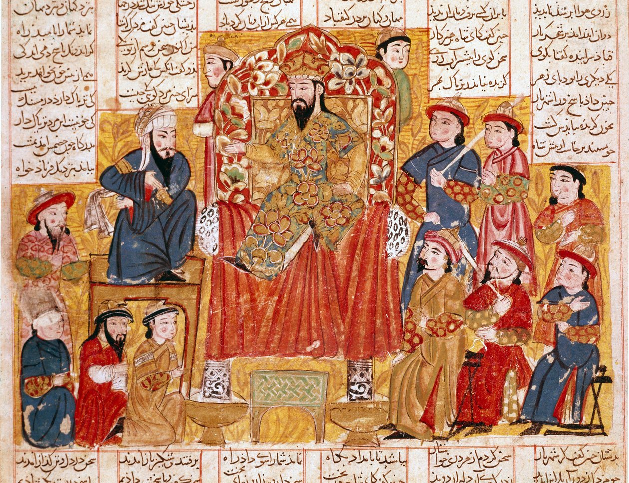 Islamisk kunst: "" En sultan og hans hof"" Persisk miniature fra et manuskript af det episke digt "" Shahnameh"" (Shah Nama, Shahnama) (Kongernes Bog) af Ferdowsi (Firdawsi eller Ferdawsi eller Firdousi, ca. 940-omkring 1020) Omkring 1330 Topkapi museum, I af Islamic School