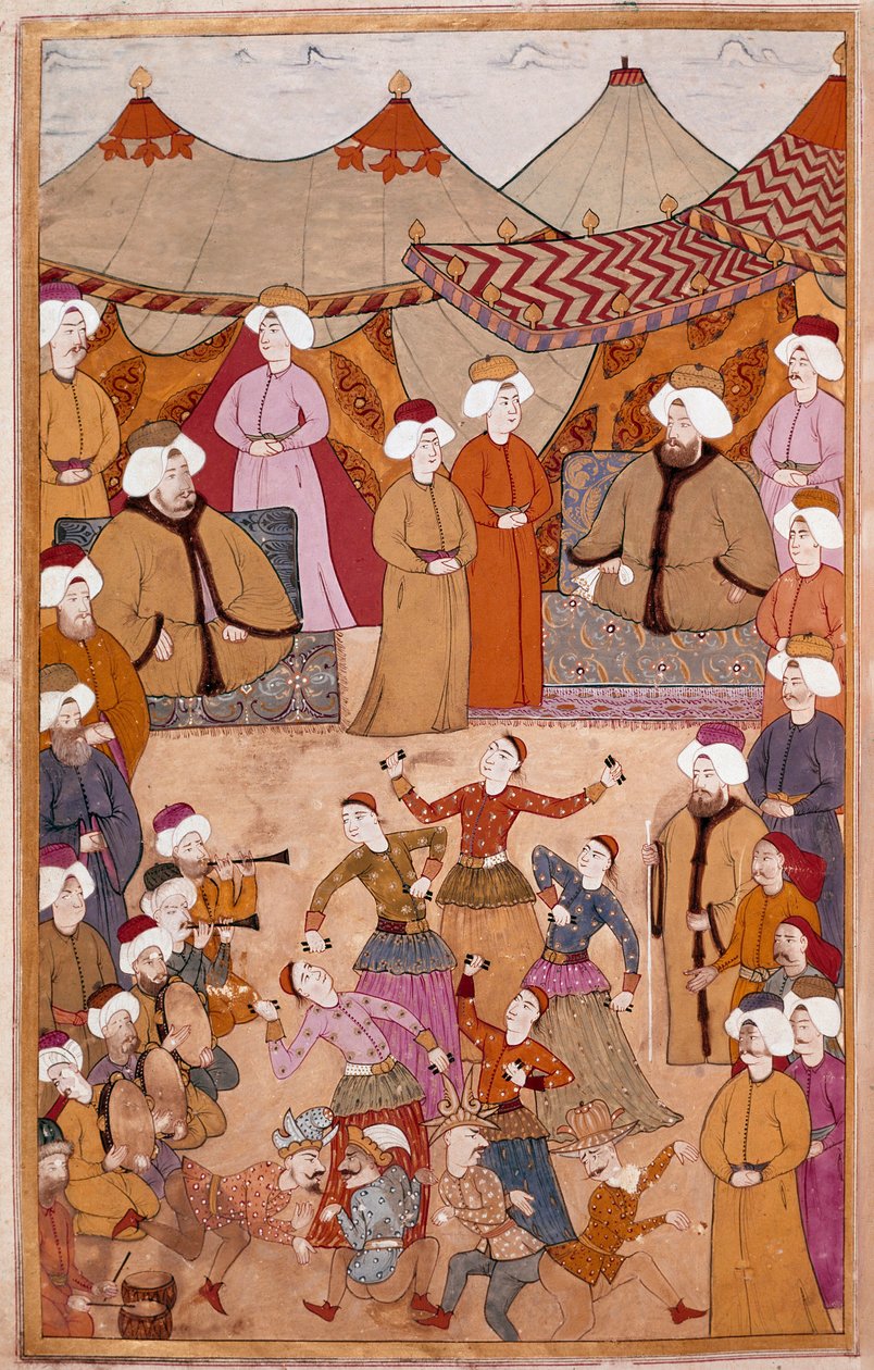 Islamisk kunst: "" Dans til glæde for Sultan Ahmet III (1673-1736)"" Gouache på Levni-papir fra "" Surnama"" (kælenavn i) Vehbi) Debut 1700-tallets Topkapi Saray Museum, Istanbul af Islamic School