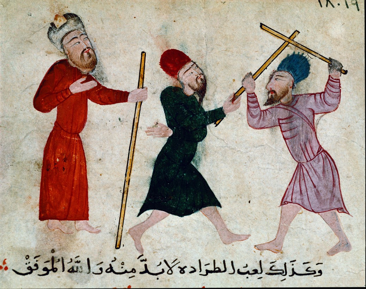 Islamisk kunst: Tegning på pergament fra Fatimid-perioden (10-11. århundrede) - Spil med pinde - Maleri på papyrus - Cairo, Museum for Islamisk Kunst af Islamic School