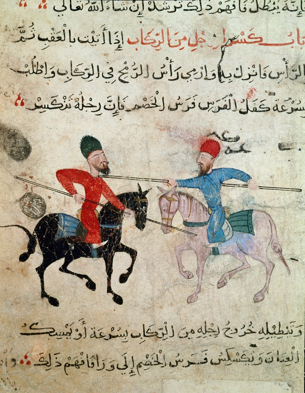 Islamisk kunst: Tegning på pergament fra Fatimid-perioden (10-11. århundrede) - Scene med duel mellem to ryttere - Maleri på papyrus - Cairo, Museum for Islamisk Kunst af Islamic School