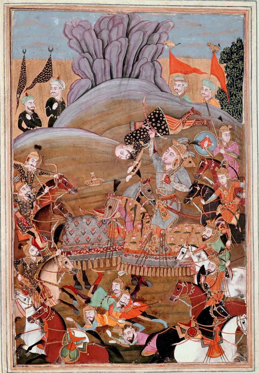 Islamisk kunst: "" Rustams første kamp mod Afrasiab"" persisk miniature fra et manuskript af det episke digt "" Shahnameh""" (Shah Nama, Shahnama) (Kongernes Bog) af Ferdowsi (Firdawsi eller Ferdawsi eller Firdousi, ca. . 940-omkring 1020) (ms. 607) Chanti af Islamic School