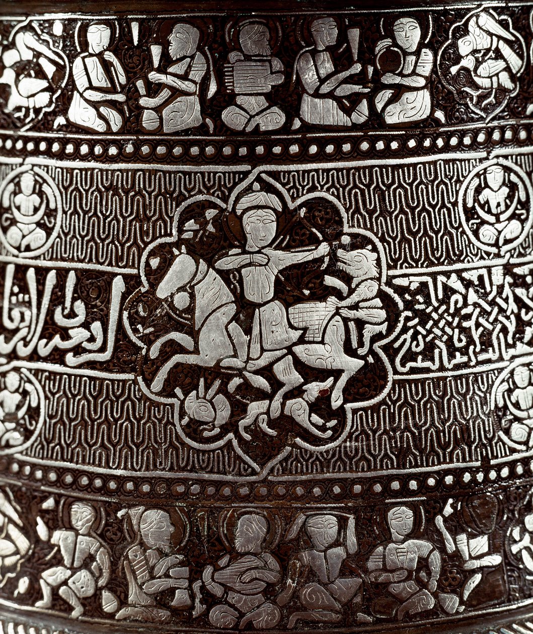 Islamisk kunst: Sølv og kobber lysestage fra det 13. århundrede. En rytter med en bue er repræsenteret på objektet. Kairo, Museum for Islamisk Kunst af Islamic School
