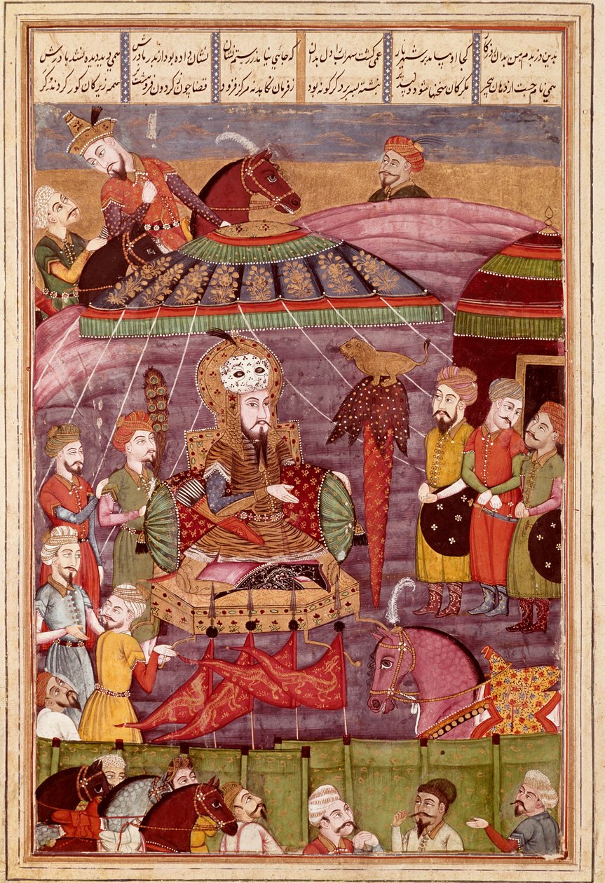 Islamisk kunst: "" Sohrab ser på Rostames, hans fars røde telt"" Persisk miniature fra et manuskript af det episke digt "" Shahnameh"" (Shah Nama, Shahnama) (Kongernes Bog) af Ferdowsi (Firdawsi eller Ferdawsi) , eller Firdousi, ca. 940-omkring 1020) (ms.  af Islamic School