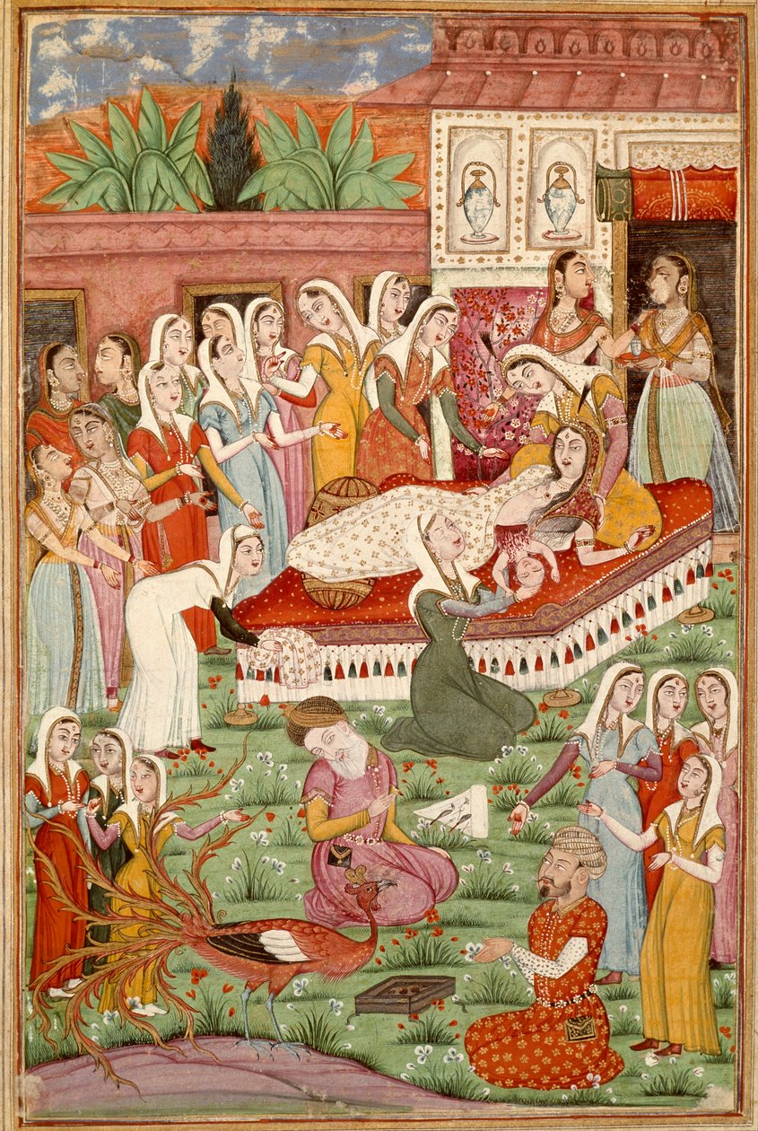 Islamisk kunst: "" Fødslen af Cesarian af Roustam""" Persisk miniature fra et manuskript af det episke digt "" Shahnameh"" (Shah Nama, Shahnama) (Kongernes Bog) af Ferdowsi (Firdawsi eller Ferdawsi eller Firdousi, ca. 940-omkring 1020) (ms. 607) Chantilly, af Islamic School