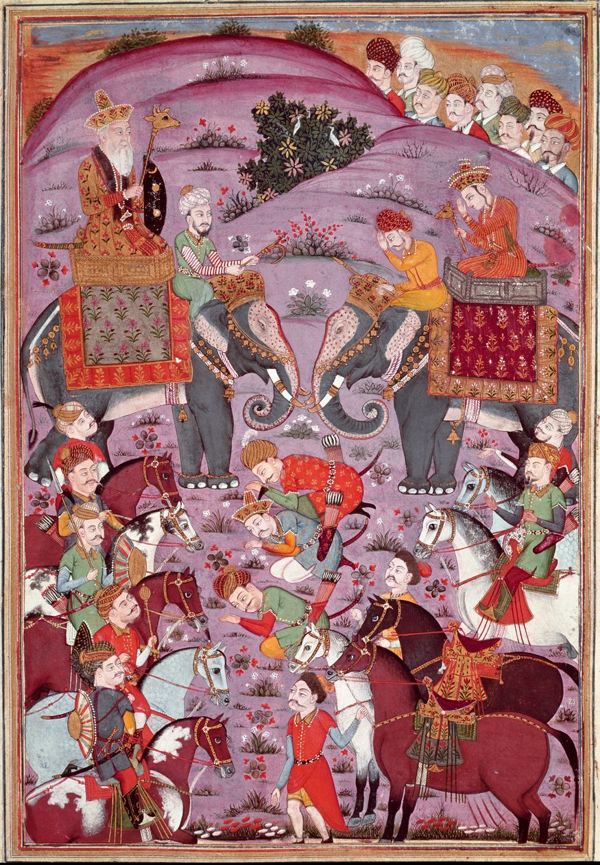 Islamisk kunst: "" Det første møde mellem Roustam og hans Aieul Sam"" persisk miniature fra et manuskript af det episke digt "" Shahnameh"" (Shah Nama, Shahnama) (Kongernes Bog) af Ferdowsi (Firdawsi eller Ferdawsi, eller Firdousi, ca. 940-omkring 1020) (m af Islamic School