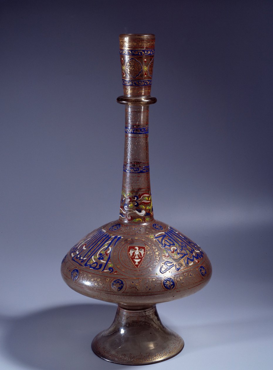 Islamisk kunst: flasken har længe enamed glashals af Vice King Tuquztemur. 1345 ca.. fra Egypten eller Syrien. Svag. 50 cm. Paris, Louvre-museet af Islamic School