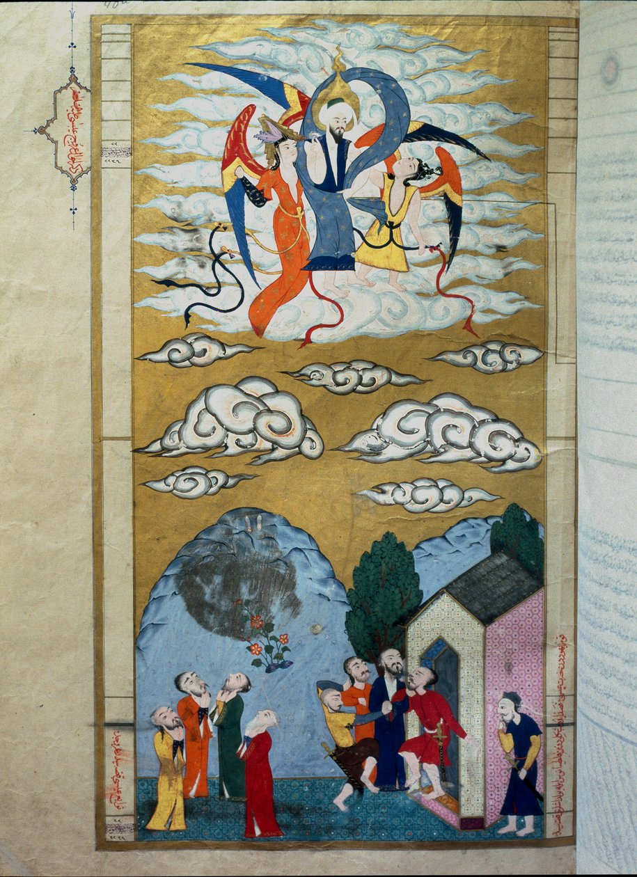 Islamisk repræsentation af profeten Isas himmelfart (Isa ibn Marym: Jesus) Miniature fra manuskriptet "Zubdat al Tawarikh" (Fløde eller den fine blomst af historier) af historikeren Seyyyid Loqman (Lokman) Ashuri af Islamic School
