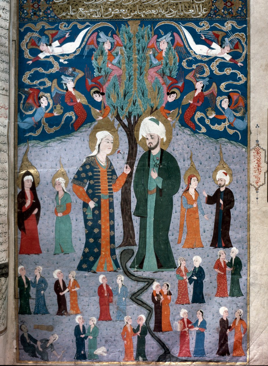 Islamisk repræsentation af Adam og Eva Miniature fra manuskriptet "Zubdat al Tawarikh" (Zubdat al Tawarikh) (Creme of Stories) af historikeren Seyyid Loqman Ashuri 1538. Tyrkisk og islamisk kunstmuseum Istanbul af Islamic School