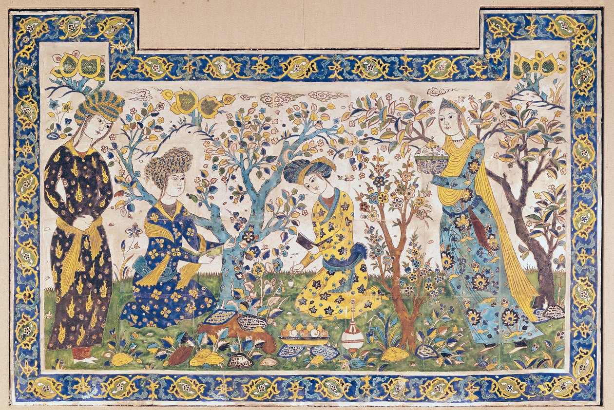 Vægmaleri panel af figurer, der slapper af i en have, fra Tchehel Sutun eller Pavillonen med Fyrre Søjler bygget af Shah Abbas II (1642-66), persisk, fra Isfahan, Iran (keramiske fliser) af Islamic School