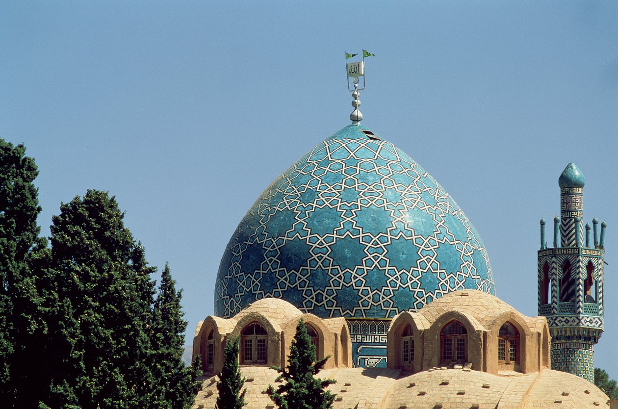 Turkis flisebelagt kuppel af Shah Nematollah Valis mausoleum, bygget mellem 1330-1430 af Islamic School