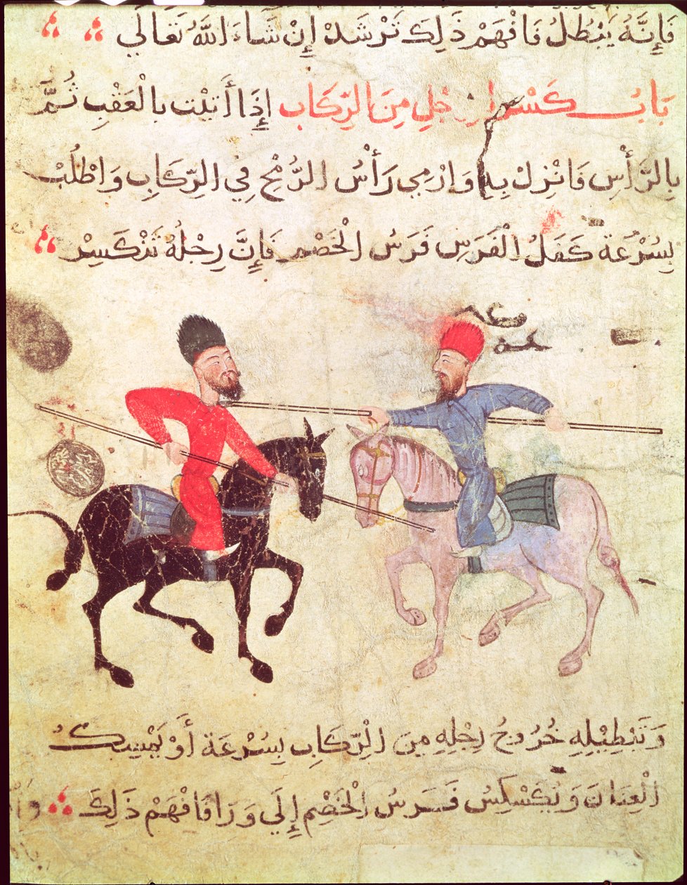 To mænd, der duellerer til hest, fra Old Cairo (Fostat) af Islamic School
