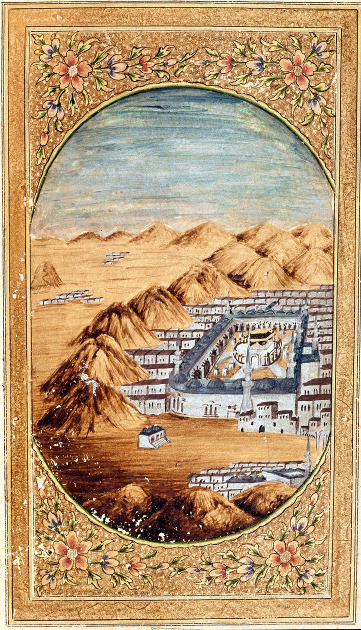 Udsigt over Mekka (La Mekke), muslimsk pilgrimsrejsested og sletterne ved Arafat-bjerget (Arafah), Saudi-Arabien. Side taget fra en udgave af Koranen af Islamic School