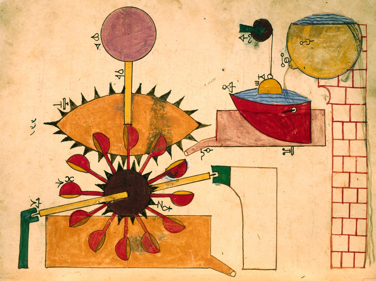 Vanddrevet ur, miniature, islamisk kunst af Islamic School