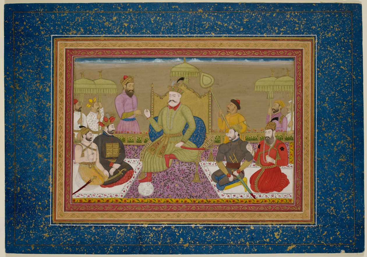 Yusuf Adil Shah tronede med de næste fire monarker af Bijapur, ca. 1750 (vellum) af Islamic School