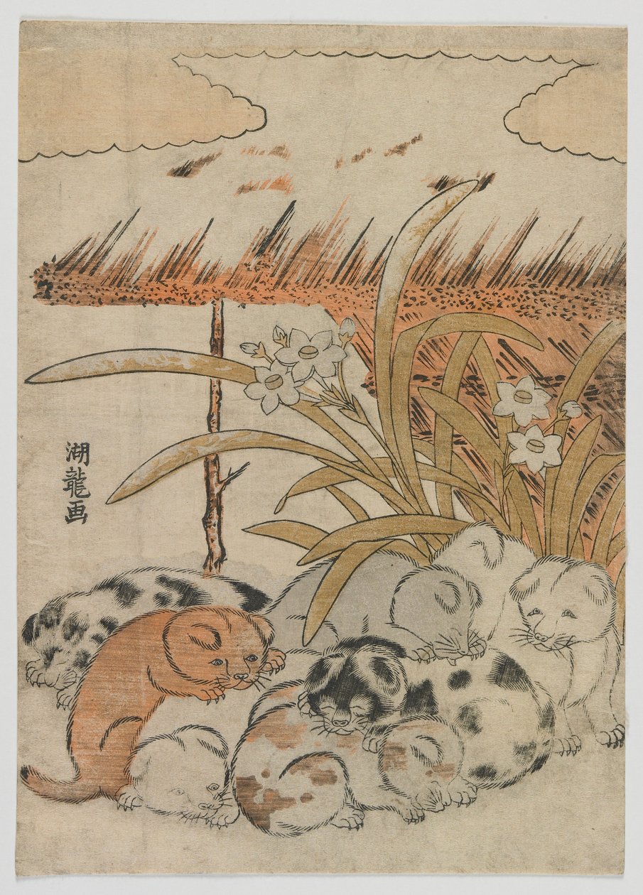 Hvalpe i sneen, Edo-perioden, 1778 (træblok i farver) af Isoda Koryusai