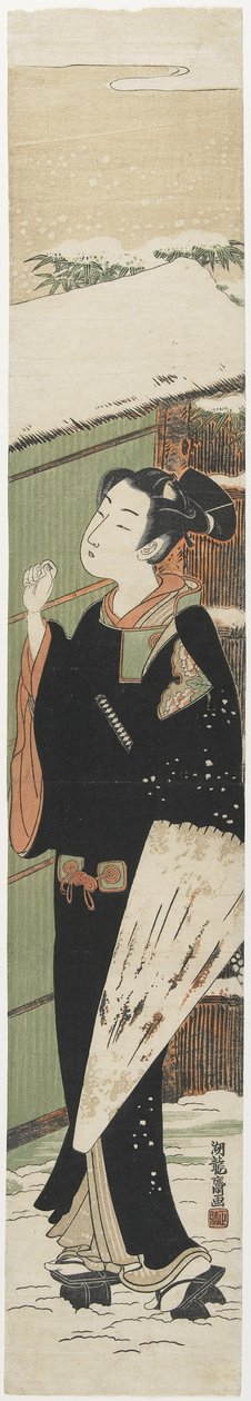 Ung mand ved en port som en dæmpning af Kabuki Play Kvinders version af Potted Tree, 1770-1775 af Isoda Koryusai