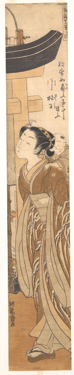 Eine Frau mit einem Kind auf dem Rücken nahe dem Eingang zu einem Tempel af Isoda Koryusai