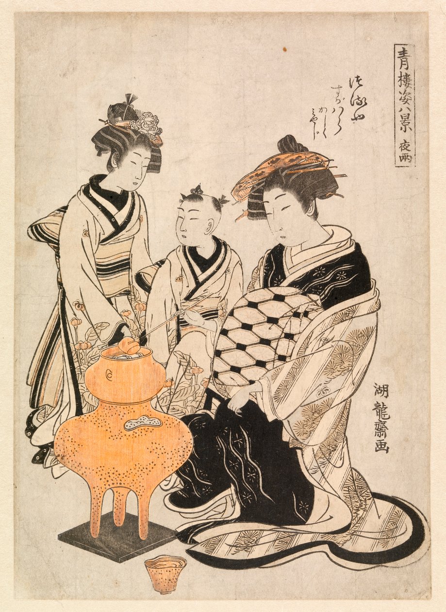 Kurtisane og ledsagere varme sake, ca. 1766-80 (farvet træsnit) af Isoda Koryusai