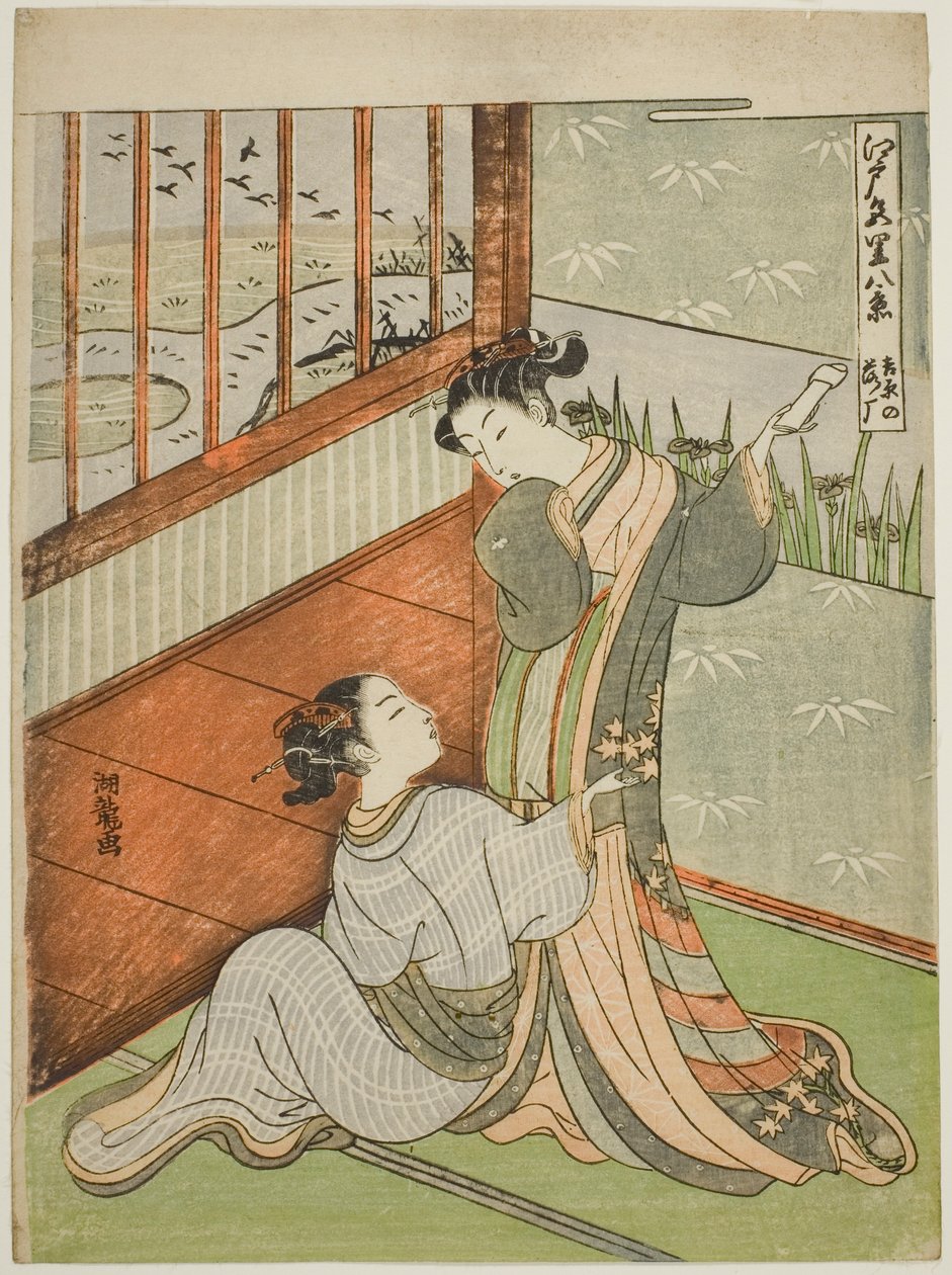 Gæs, der falder ned ved Yoshiwara (Yoshiwara no rakugan), fra serien "Eight Views of the Edo Pleasure Quarters (Edo irozato hakkei)" af Isoda Koryusai