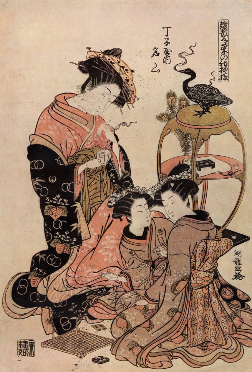 Japansk kurtisane i kimono drikker en kop te af Isoda Koryusai