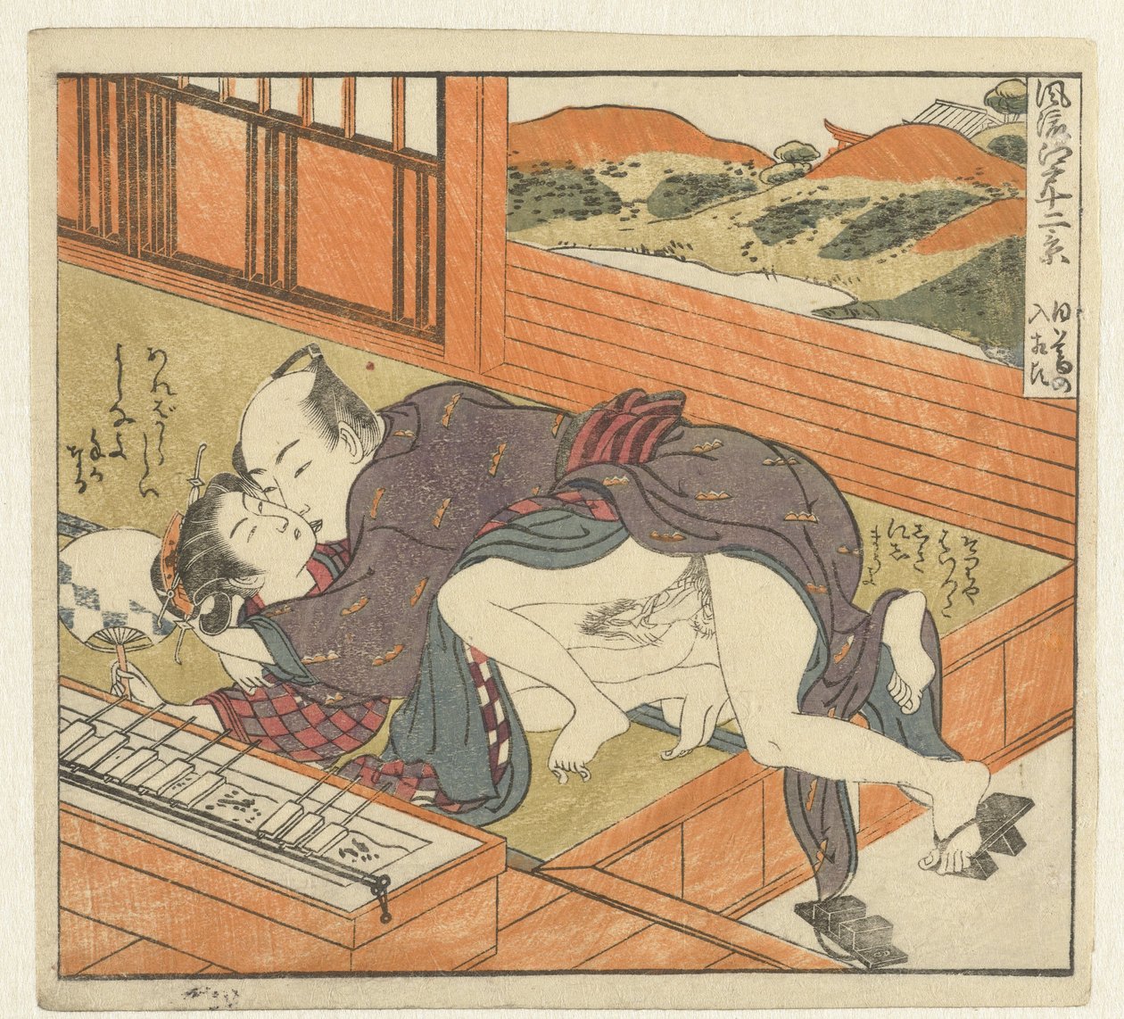 Ung kvinde overmandet af mand Twelve Views of Sophisticated Edo (serietitel) Furyu Edo junikei (serietitel på objekt) af Isoda Koryusai