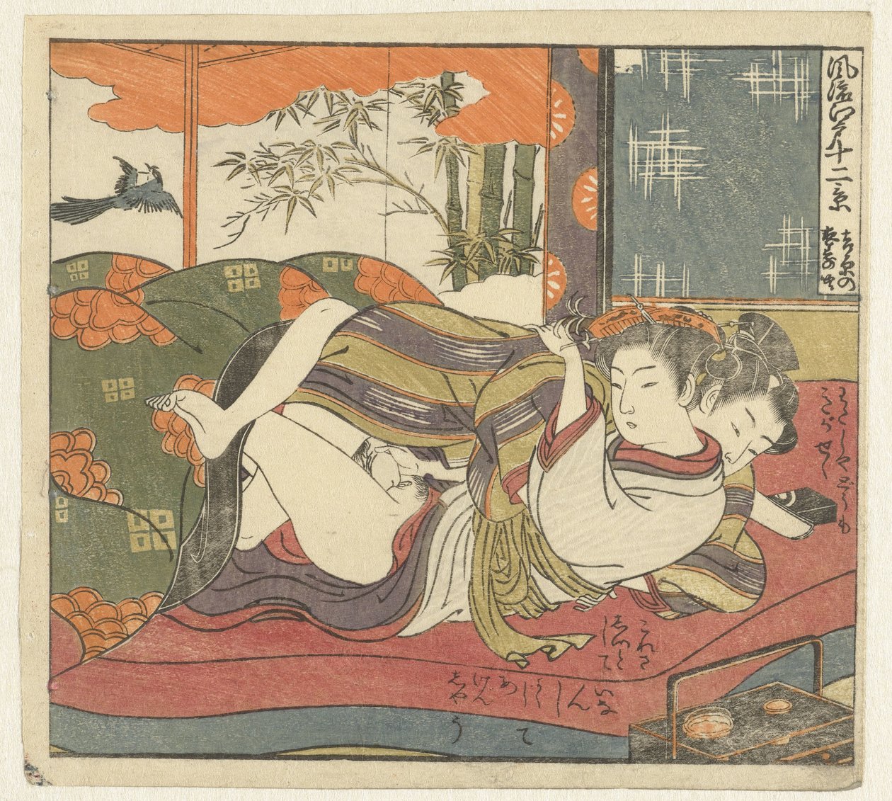 Kærlighedspar i sengen Twelve Views of Sophisticated Edo (serietitel) Furyu Edo junikei (serietitel på objekt) af Isoda Koryusai