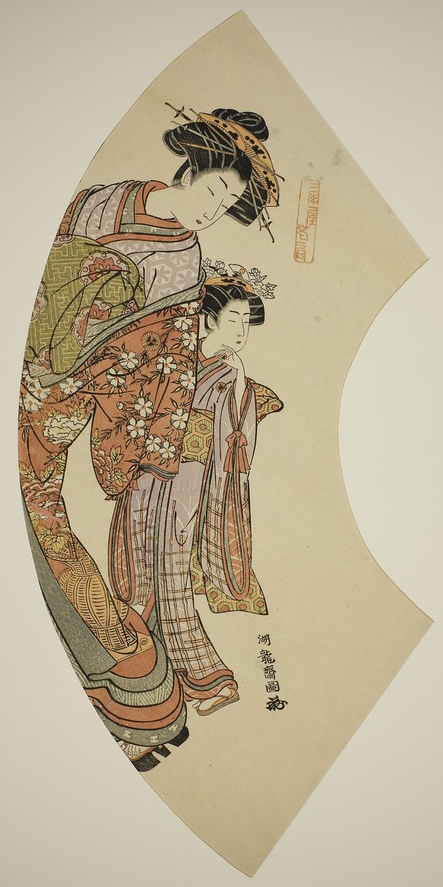 Courtesane Hanaogi fra Ogiya og hendes ledsager, fra serien Fans of the East af Isoda Koryusai