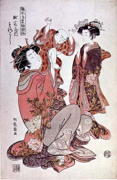 Kurtisanen Morokoshi fra Echizan med barn og ledsager, ca. 1775 (farvet træbloktryk) af Isoda Koryusai