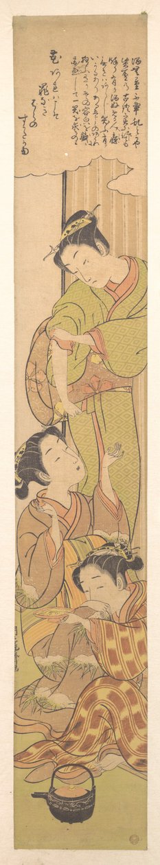 Drei Mädchen trinken Sake af Isoda Koryusai