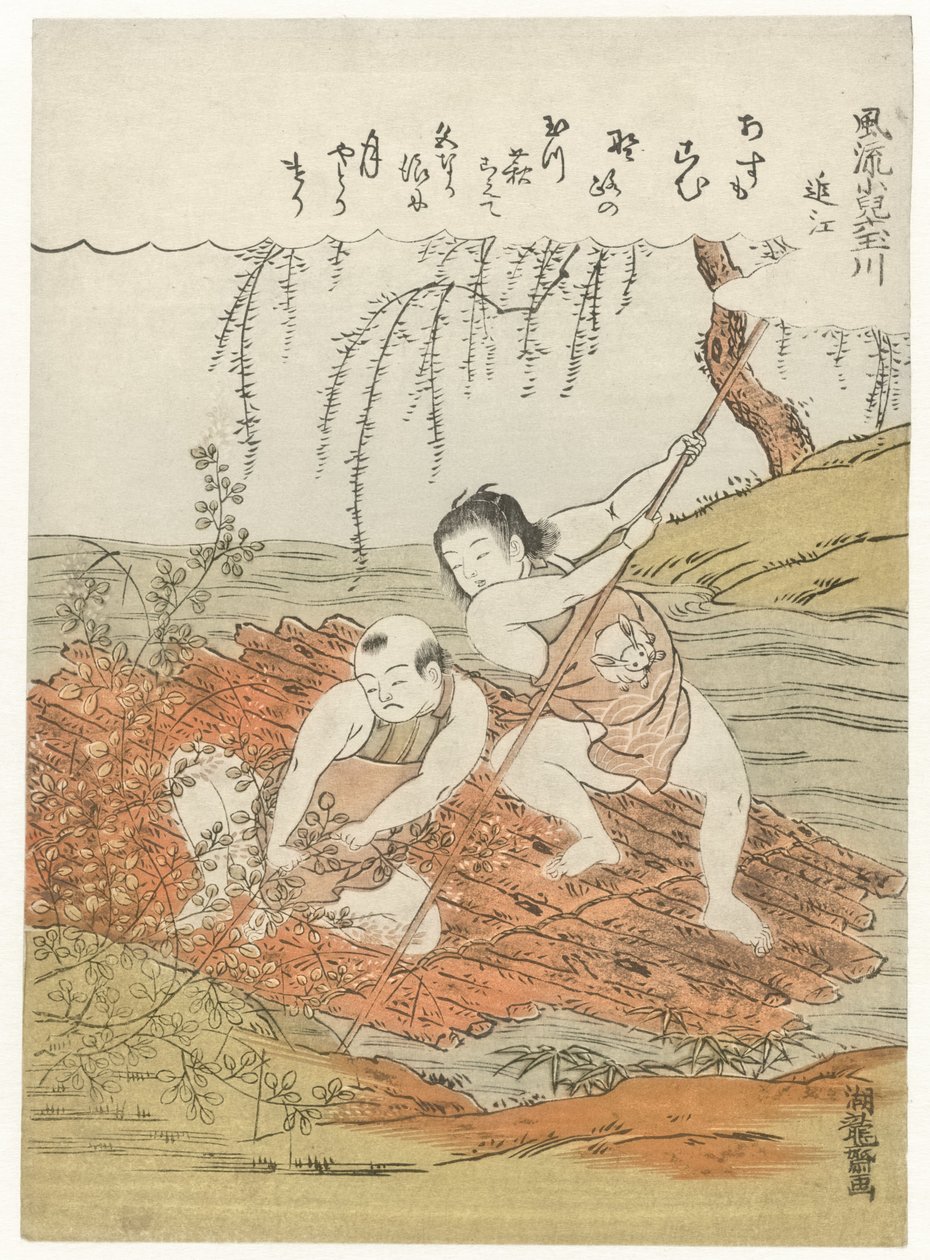 To drenge samler hagi (bladgrene) fra en tømmerflåde på en flod af Isoda Koryusai