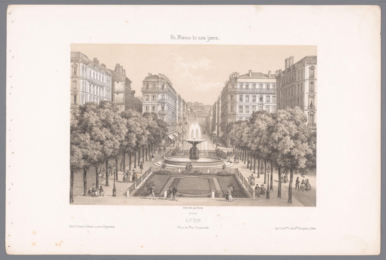 Zicht op de Place en de Rue Impériale te Lyon Lyons. Imperial Square and Street (titel på objekt) Hedendaags Frankrijk (serietitel) Frankrig i dag (serietitel på objekt) af Isodore Laurent Deroy