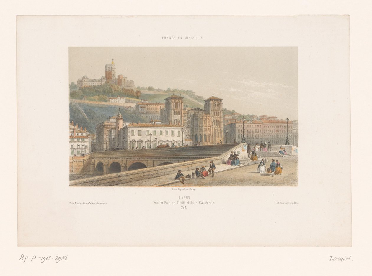 Udsigt over Pont Tilsitt og Saint-Jean-katedralen i Lyon Lyons. Vue du Pont de Tilsitt et de la Cathédrale (titel på objekt) Små ansigter i Frankrig (serietitel) Frankrig en miniature (serietitel på objekt) af Isodore Laurent Deroy