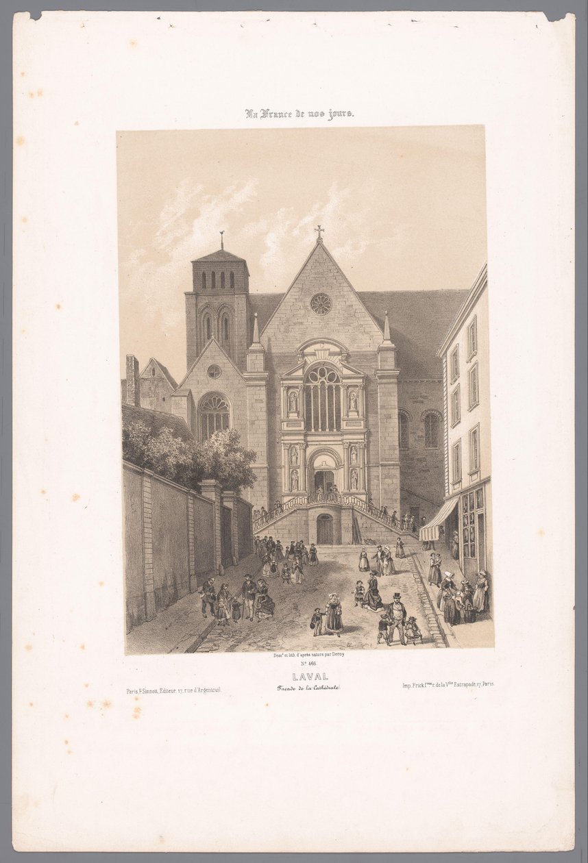 Udsigt over Sainte-Trinité-katedralen i Laval lava. Facade de la Cathédrale (titel på objekt) Contemporary France (serietitel) La France de nos jours (serietitel på objekt) af Isodore Laurent Deroy