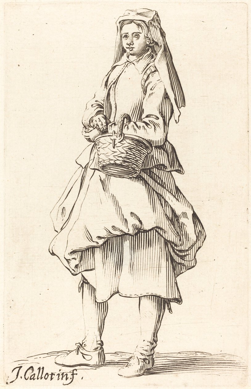 Bondekone med kurv, vendt mod venstre af Israel Henriet after Jacques Callot