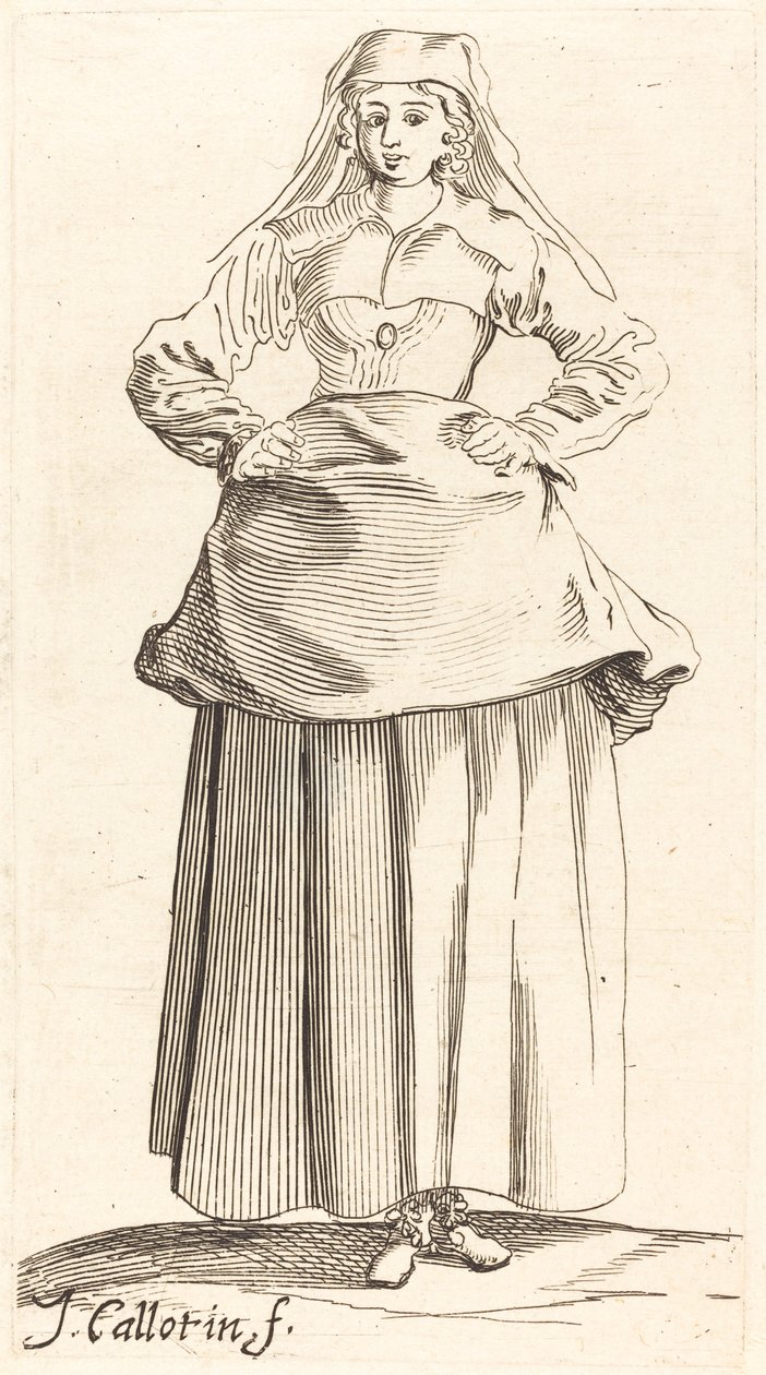 Ung kvinde med hænder på hofterne, set forfra af Israel Henriet after Jacques Callot