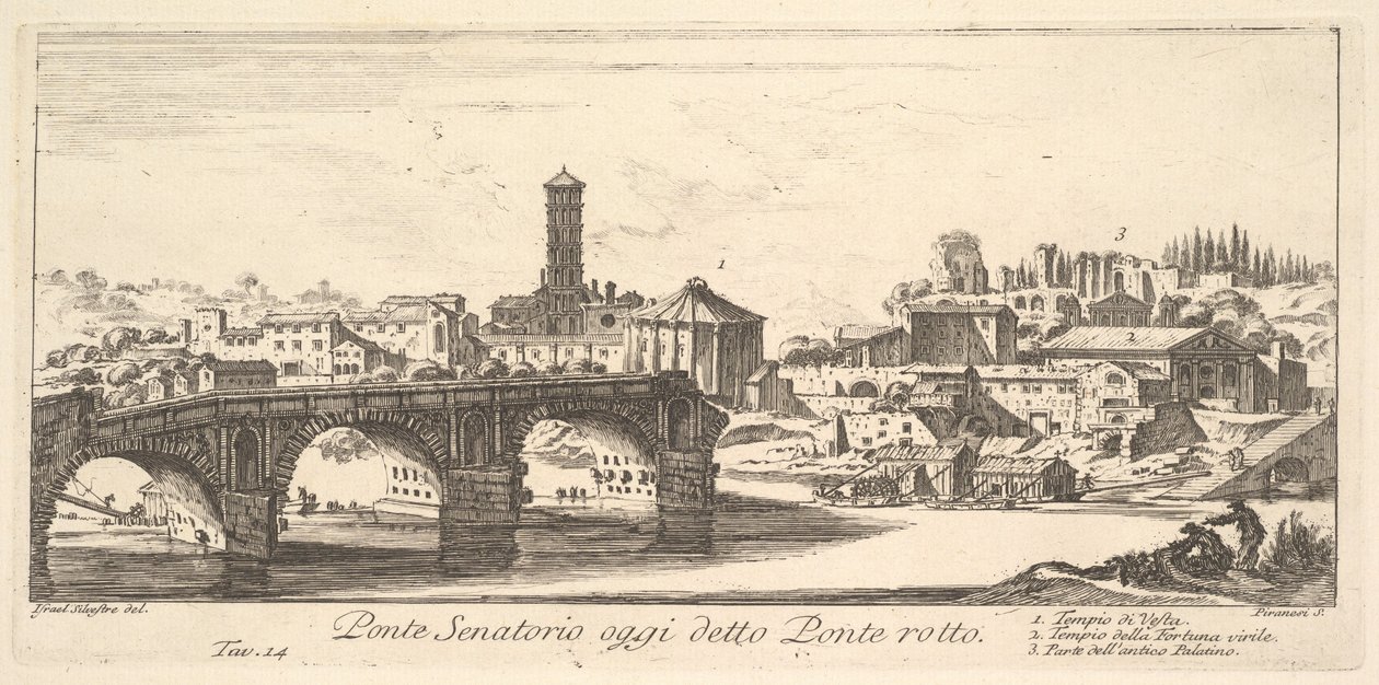 Senatorial Bridge, nykyään nimeltään Ponte Rotto (Broken Bridge), n.1748 (kaiverrus) af Israël Silvestre