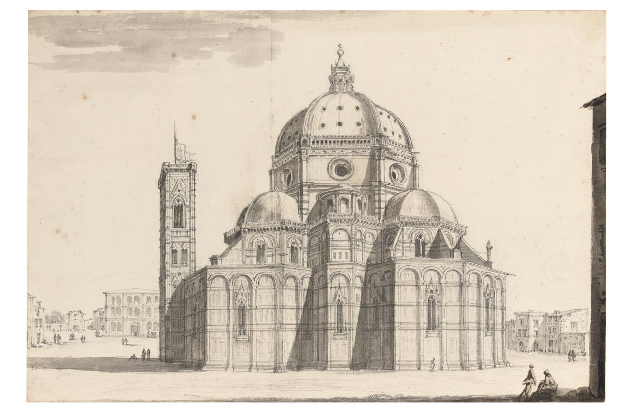 Duomo og Campanile, Firenze (sort kridt, pen og gråt blæk, brun og grå vask på papir med vandmærkeenhed) af Israel the Younger Silvestre