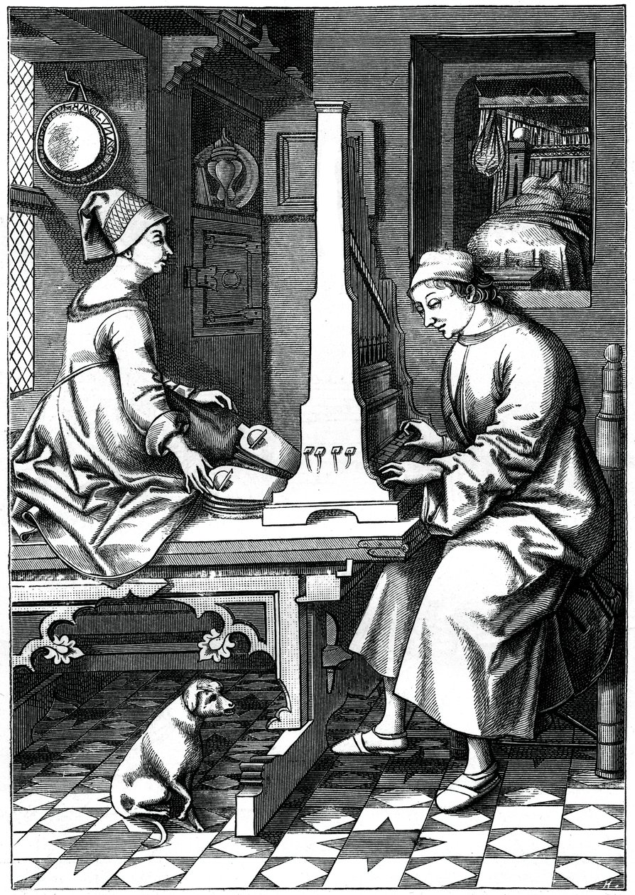 Tysk musiker, der udfører et stykke musik på et bærbart orgel, 1400-tallet, 1870. af Israel van Mecken