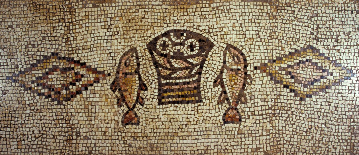 Byzantinsk mosaik, der forestiller fisk og brød (keramiske fliser) af Israeli School