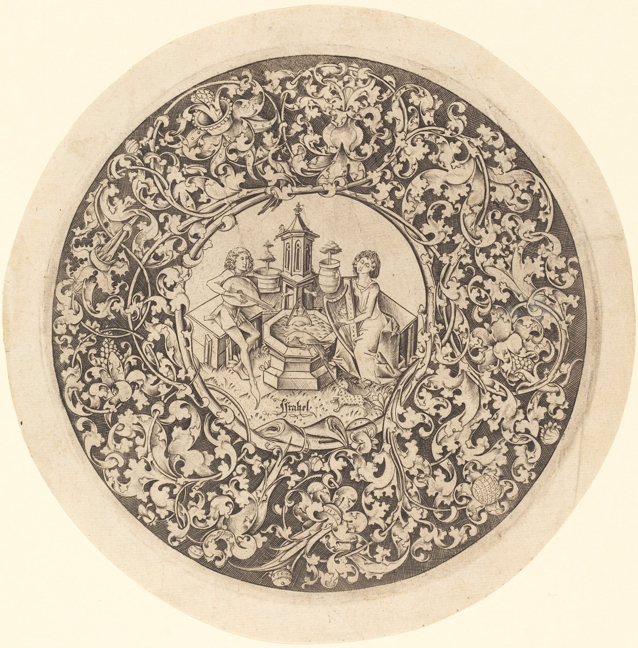 Cirkulært ornament med musikere, der spiller nær en brønd, ca. 14951503. af Israhel van Meckenem